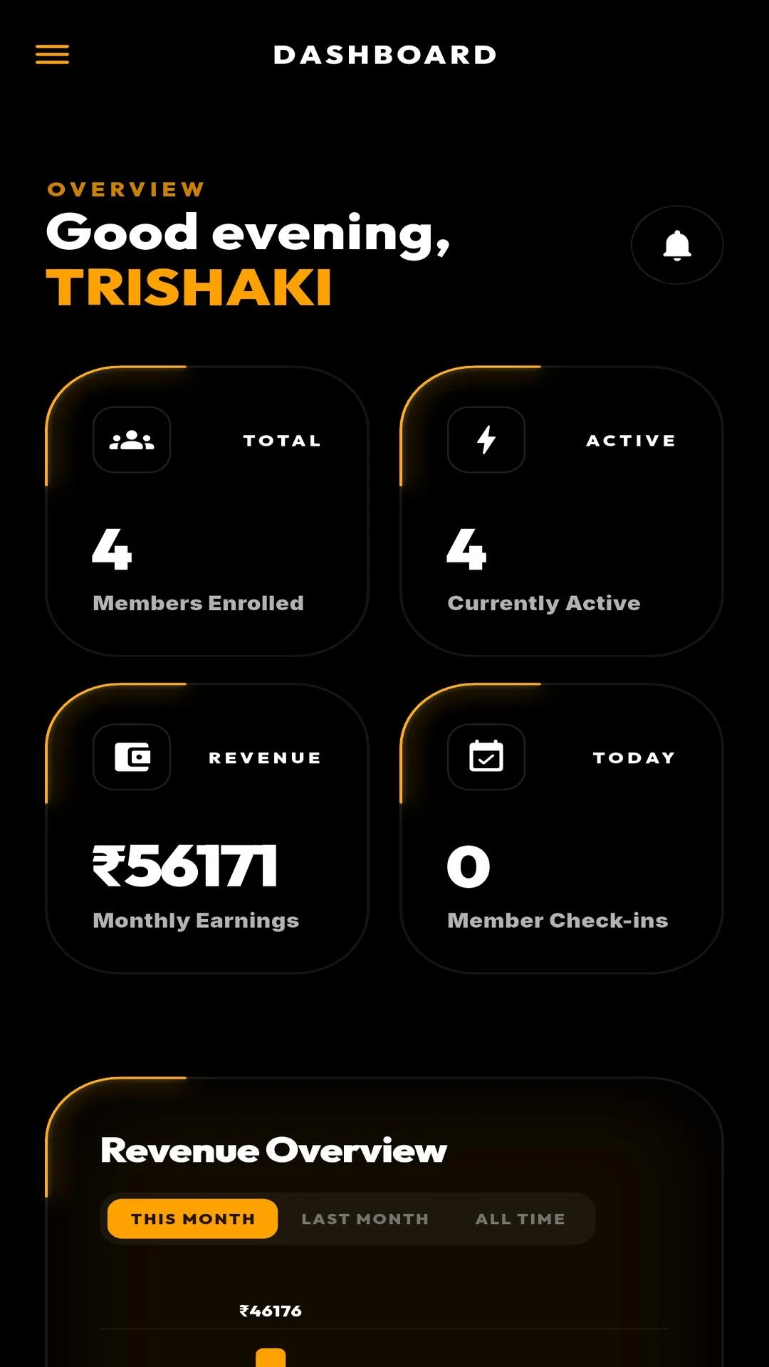 Gymbuk interface dashboard screen